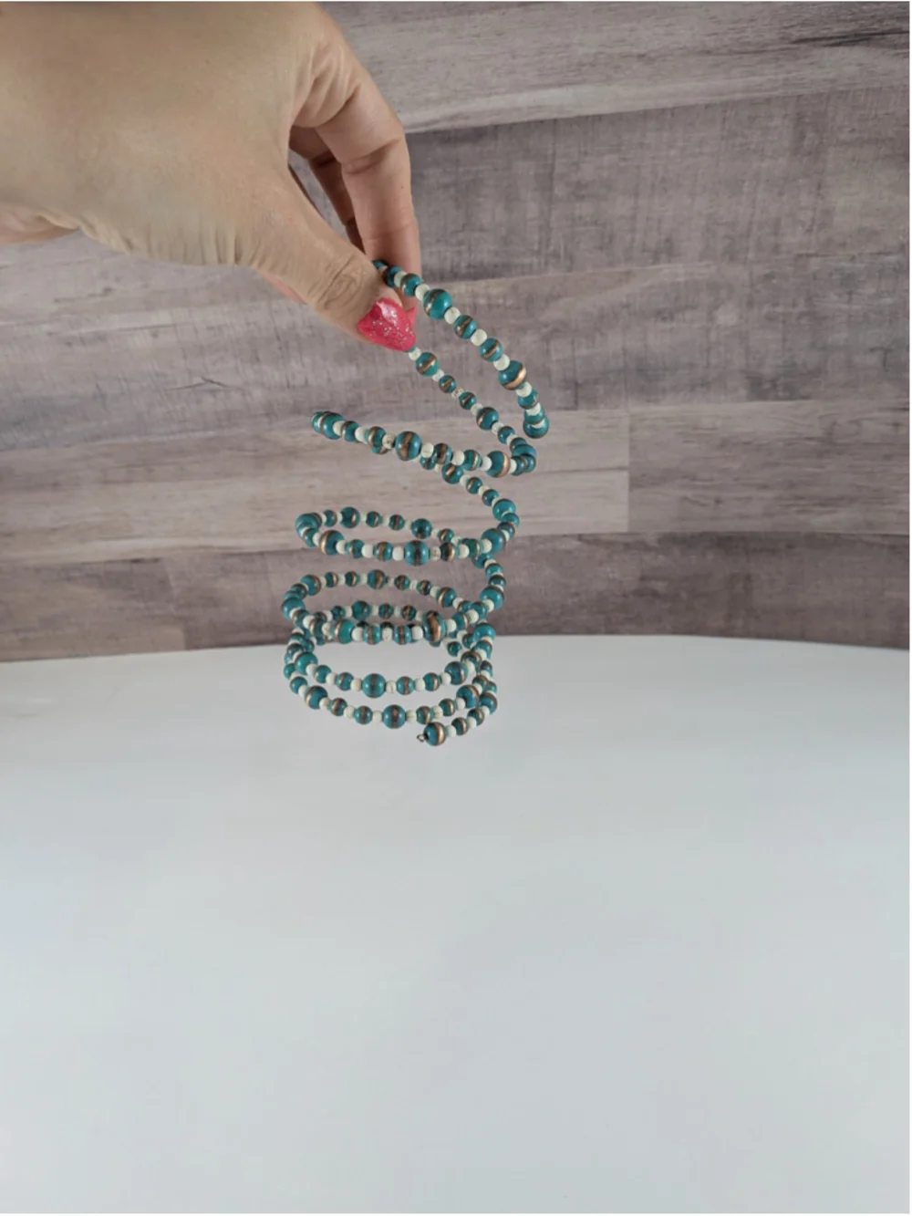 Women's Teal & Cream Beaded Coil Bracelet One Size